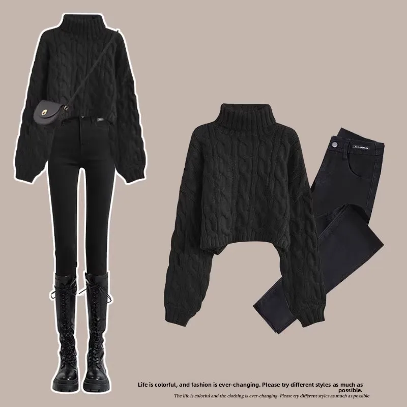 الأحمر عالية الياقة Thiened Fce محبوك سترة المرأة الخريف الشتاء Faion التخسيس جينز رفيع مجموعة تخفيف Sle