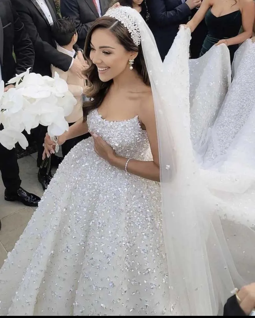 Vestido de casamento de luxo fora do ombro sem mangas frisado ceystals capela trem vestidos de novias