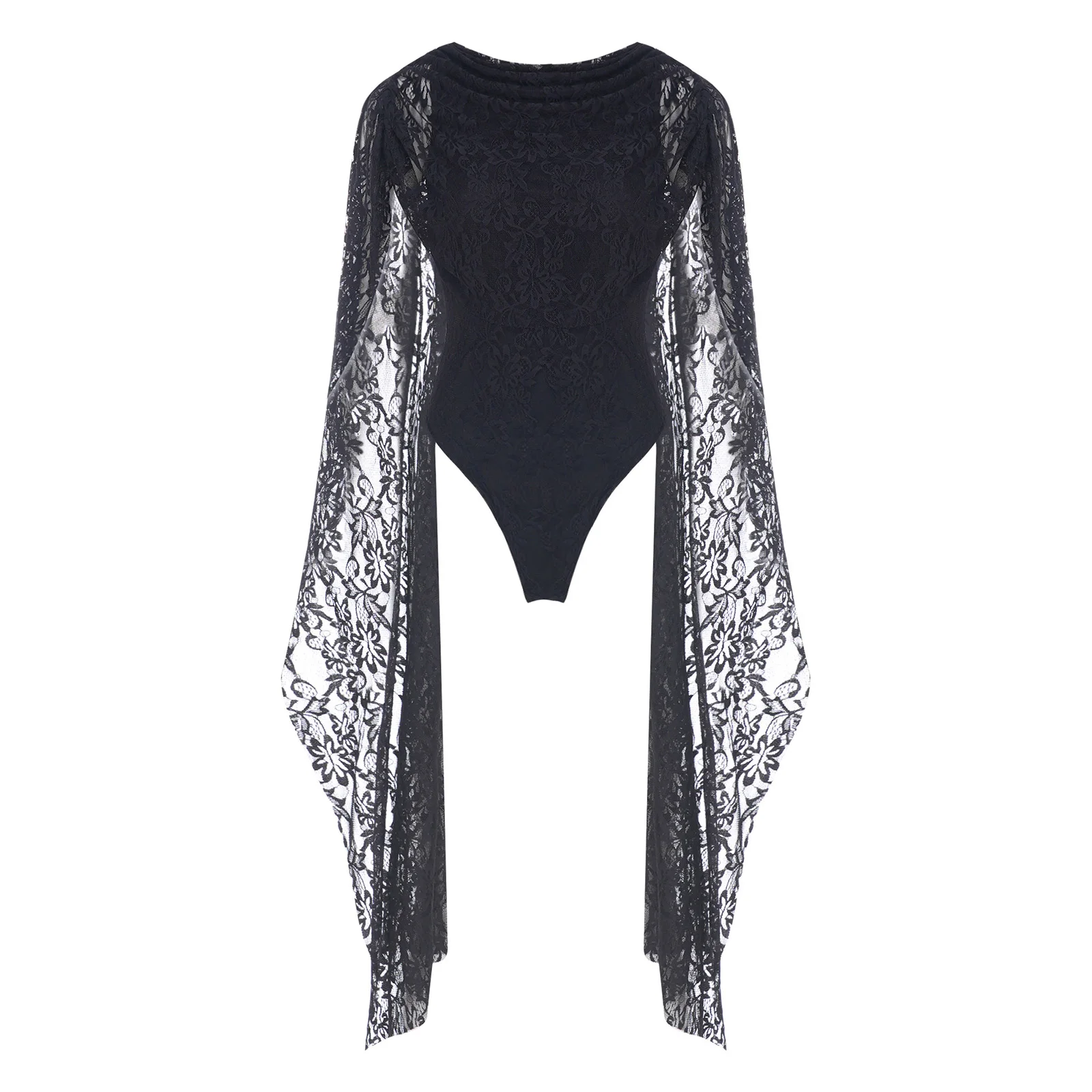 Women Floral Lace Leotard Bodysuit Cape Sleeve Front Overlay Backless Buttoned Crotch Elegant Lace Jumpsuit Rompers