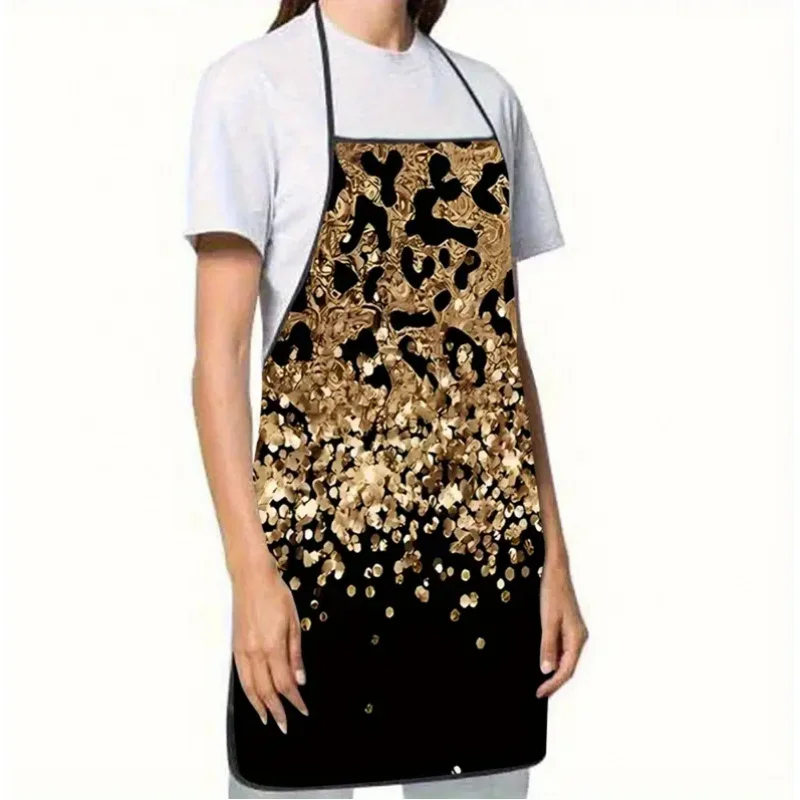 Fashionable Black & Gold Leopard Print Apron 1pc, Unisex Kitchen Atmosphere Apron