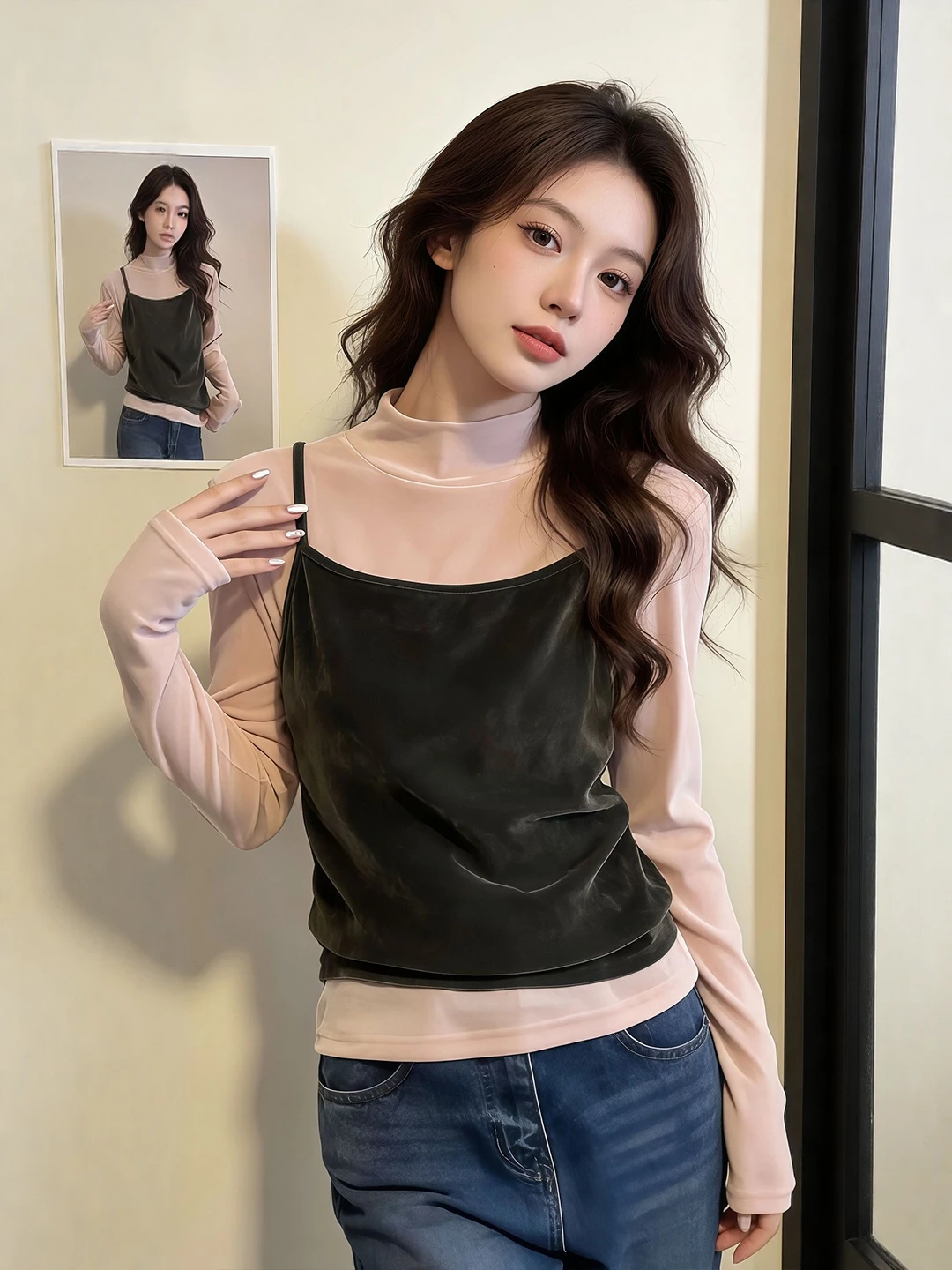 

Велюровый комплект из двух предметов: топ с высоким воротником и брюки на бретельках, женский, новая весенняя коллекция, модный цветной блок, универсальный