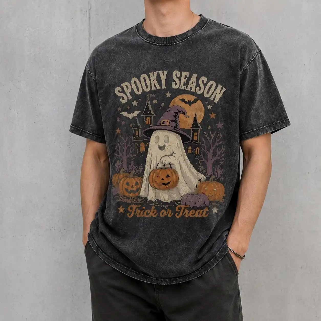 Retro Ghost Halloween T-Shirt, Spooky Season Pumpkin Haunted House Graphic Tee