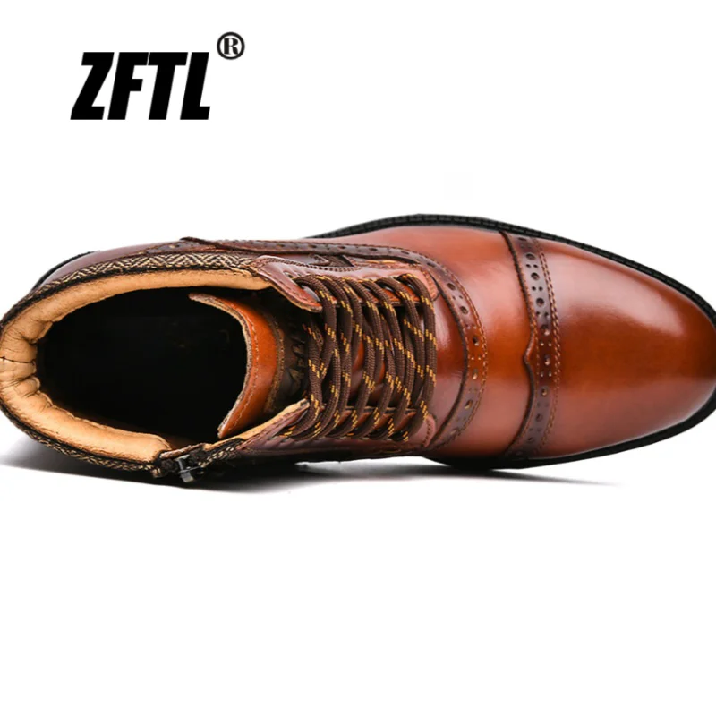 ZFTL Men's Ankle Boots Genuine Leather Man Brogue Boots Large size Black Brown High quality boots Lace up Non-slip business boot