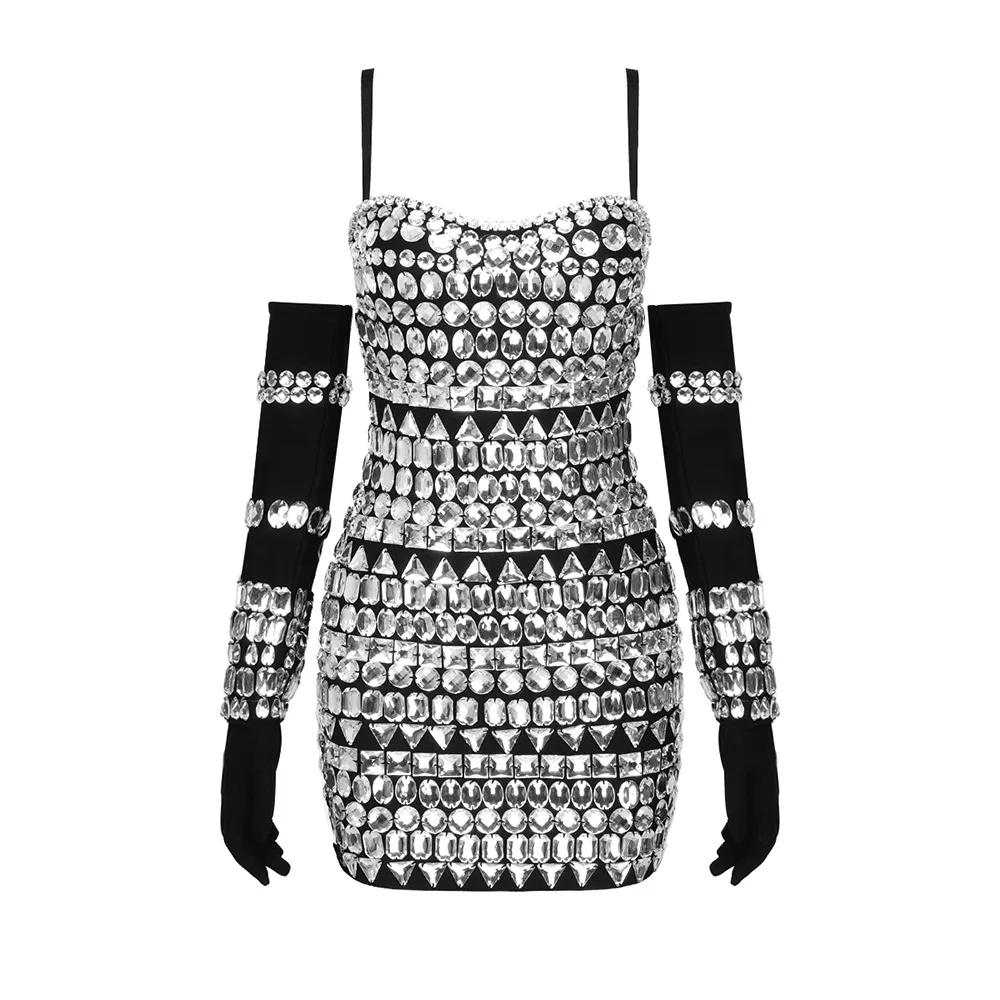 2023 New Summer Women Black Color Sleeveless Off-The-Shoulder Beading Sexy Spaghetti Strap Mini Evening Party Bodycon Jumpsuit