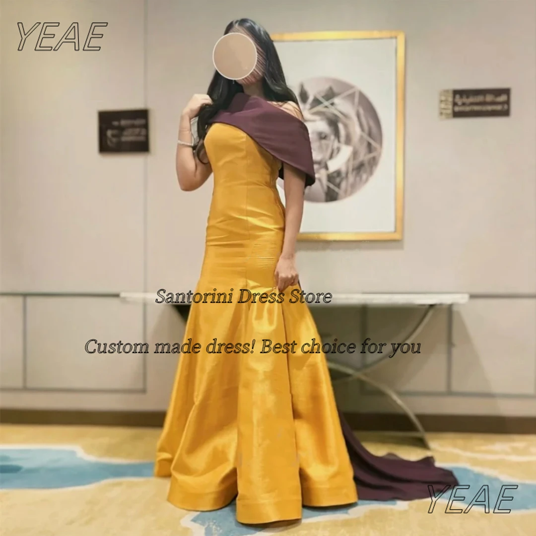 

Santorini Saudi Prom Dresses Contrast Color Off Shoulder Long Flutters Train Wedding Party Bride Wear Evening Gowns Customized