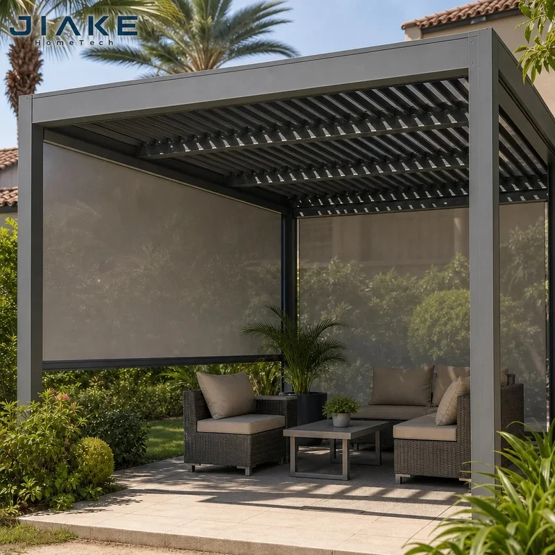 Jiake Outdoor Roller Shades Aluminum Pergola with Motorized Louvered Roof and Zip Screen Garden Patio, CE OEM