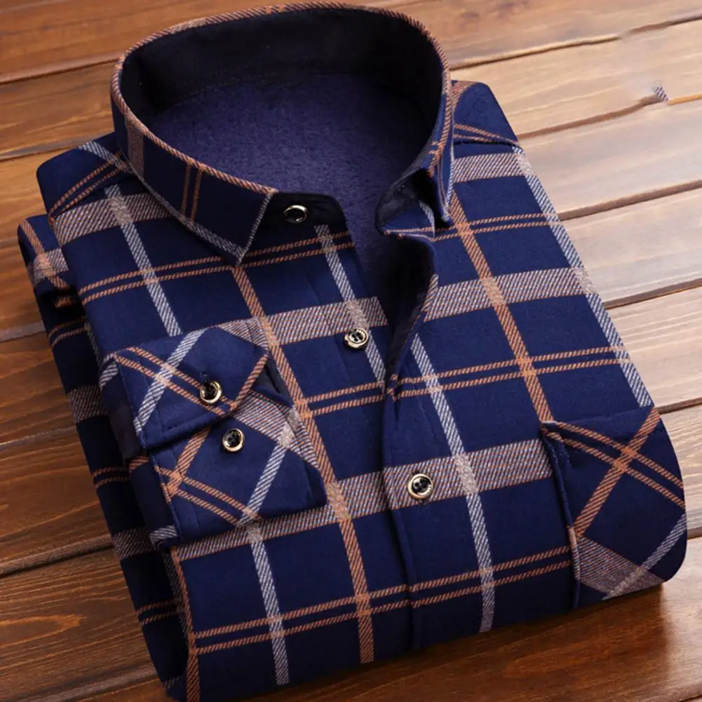 

Comfortable Men Fleece Shirts Plaid Print Thick Plush Men's Cardigan Shirt for Fall Winter Business Style Lapel Single-breasted