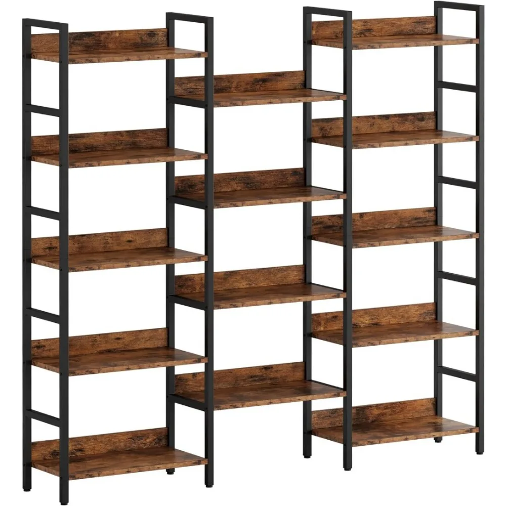 Bookcases and Bookshelves Triple Wide 5 Tiers Industrial Bookshelf with Baffles Large Etagere Bookshelf with Metal Frame