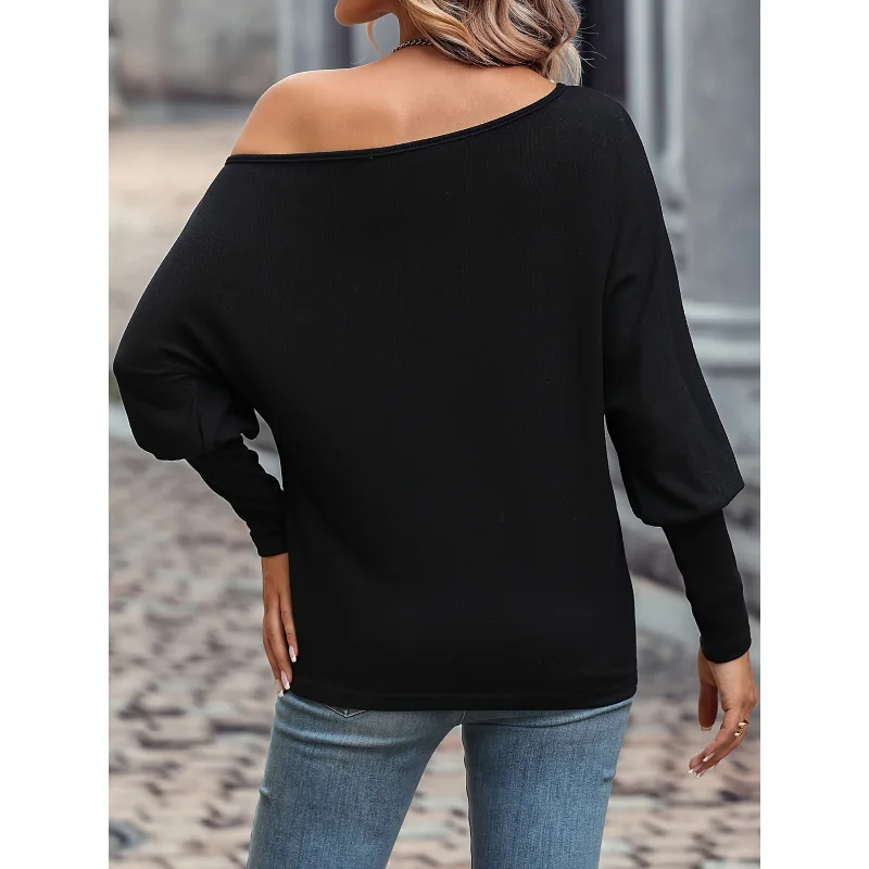 2023 New Autumn Fashion Pearl Oblique Neck Off Shoulder Long Sleeve Temperament Commuting Loose and Slim, Unique Women\'s Top