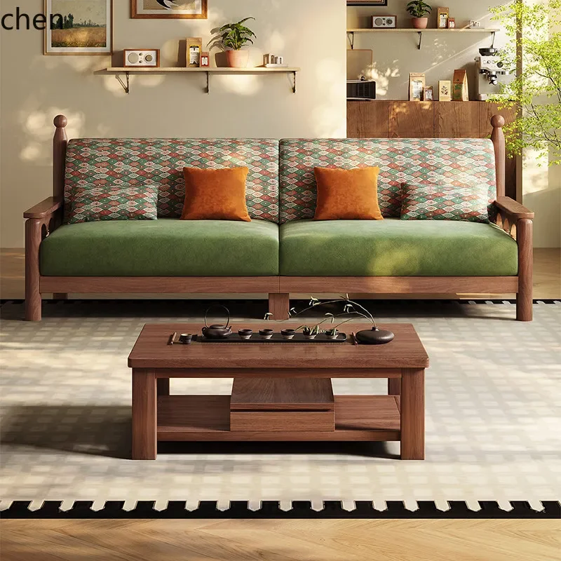TQH7.2 Solid Wood Sofa Black Walnut Mid-Century Modern Minimalist Large and Small Apartment Living Room Fabric Straight Row Sofa