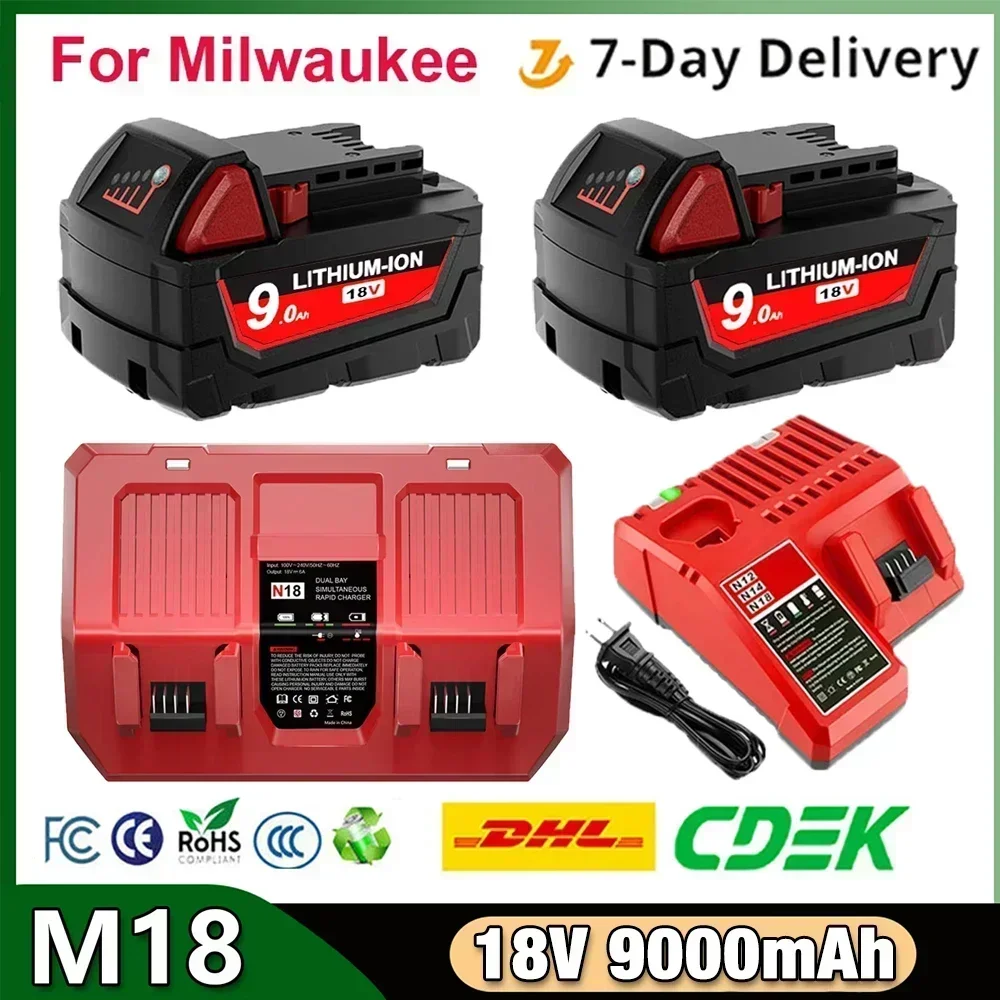 

For Milwaukee M18 Battery 18V 12.0Ah 9.0Ah Replacement Lithium Battery for Milwaukee M18 48-11-1815 48-11-1850 2604-22 Battery