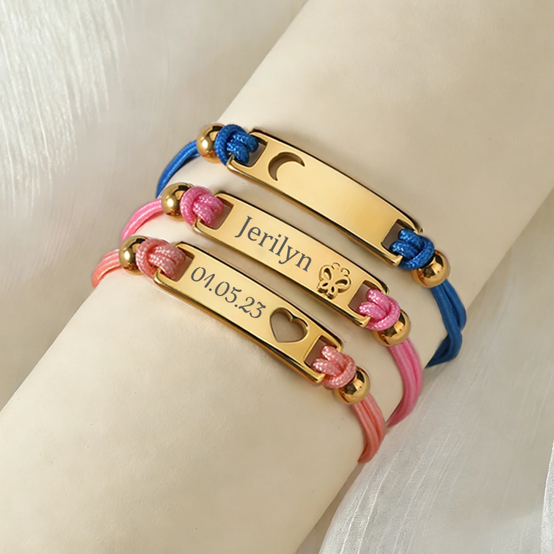 Kissmoon Custom Engrave Name Baby Bracelet Stainless Steel Butterfly Hollow Heart Moon Bracelet for Kids Children Jewelry Gift