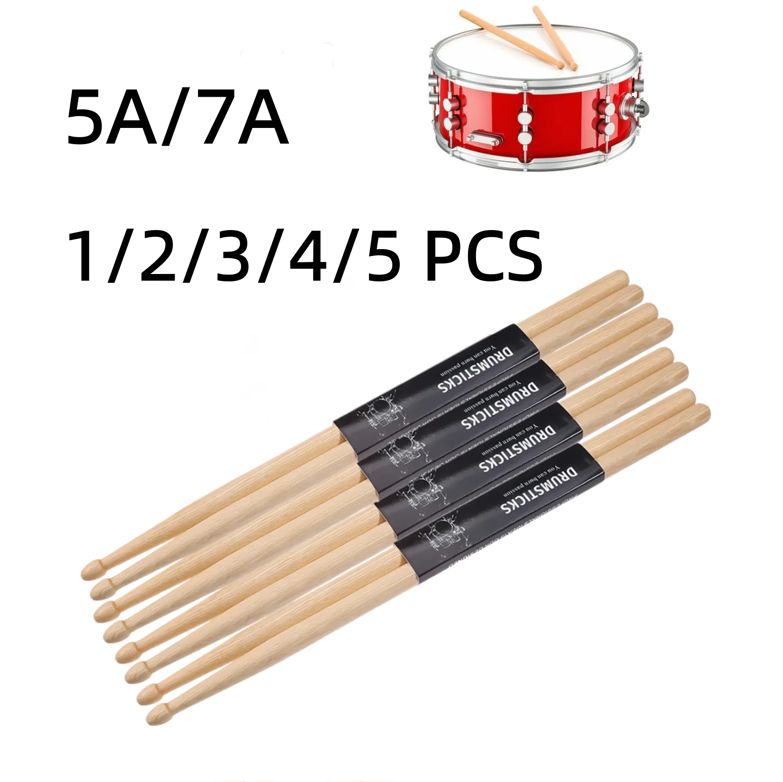 Miwayer 1/2/3/4/5Pcs Classic Maple Drumsticks 5A/7A, Sturdy Lightweight Mallets for Practice Performance Percussion Accessories