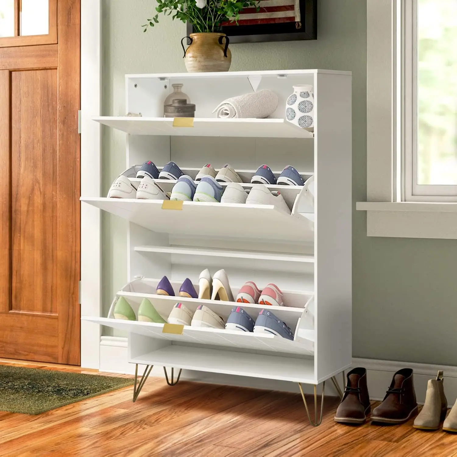 31.5'' 3-Tier Shoe Rack Entryway Cabinet Storage with Drawers, Adjustable Free Standing Shoe Shelf Organization