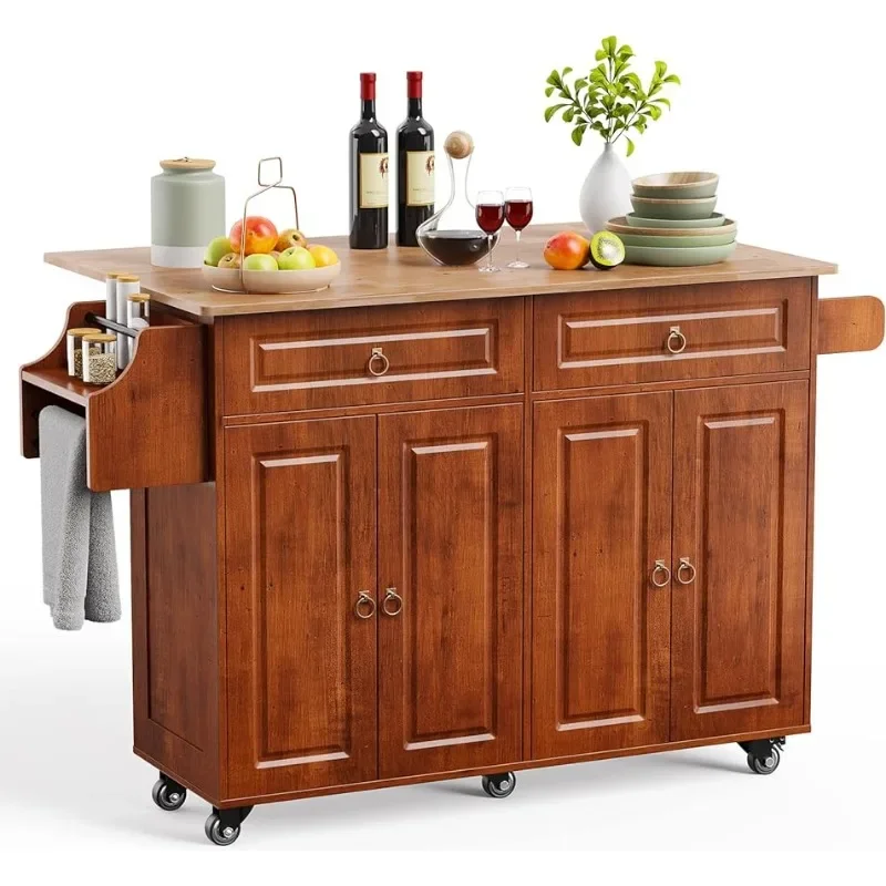 Qsun Kitchen Island with Drop Leaf and Storage, on Wheels Two Drawers, Large Storage Cabinet, Towel Rack Spice Cart Brown