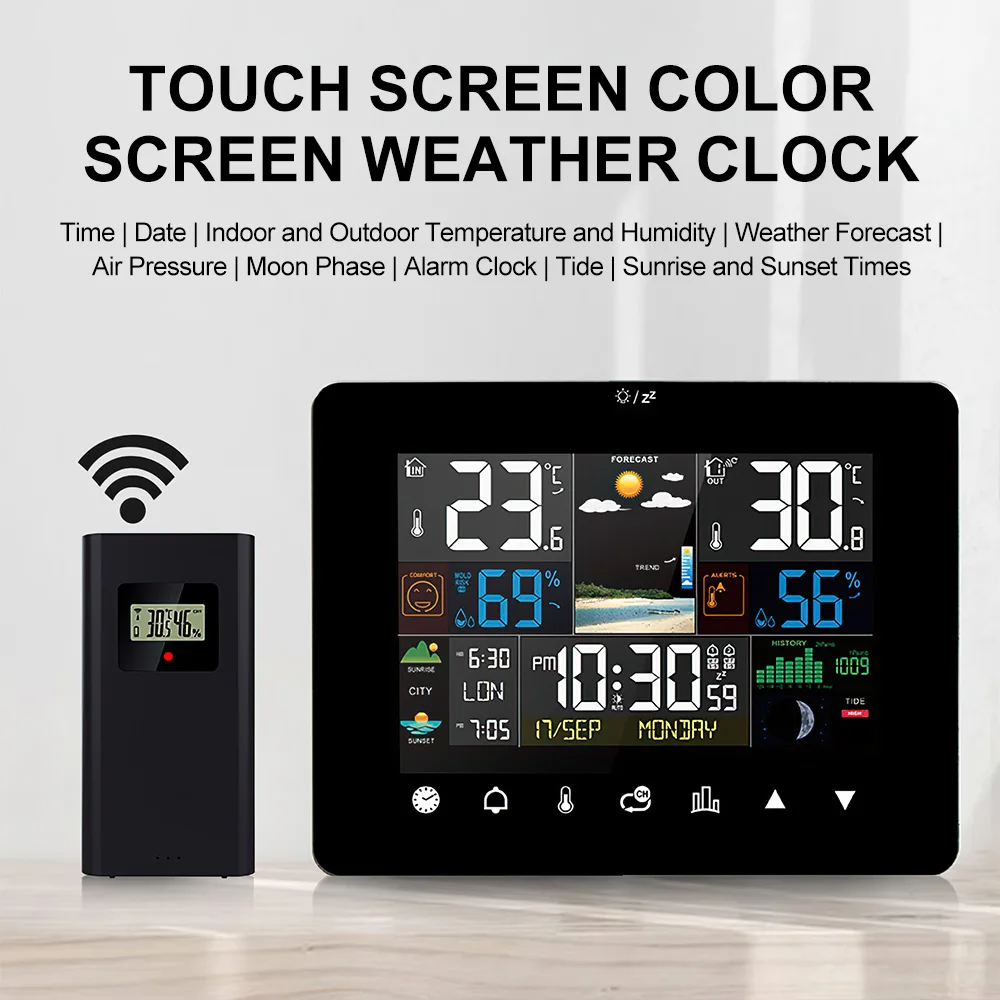 Digital Weather Station Clock Indoor Outdoor Wireless Temperature and Humidity Meter Weather Forecast Multi-function Alarm Clock