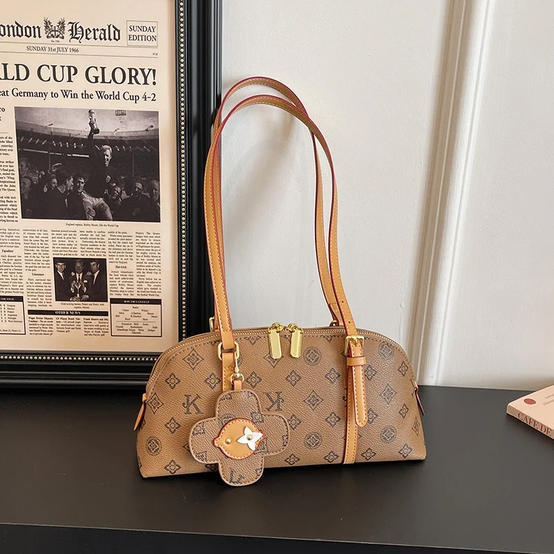 Minimalist Printed Half Round Underarm Bag For Women 2026 New Design Contrast Color Trim Flower Charm Daily Commute Handbag