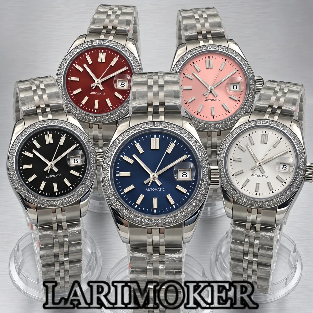LARIMOKER Red Dial 28mm Ladies NH05 Automatic Mechanical Watch Sapphire Crystal Date Magnifier Crystal-Set Bezel Steel Bracelet