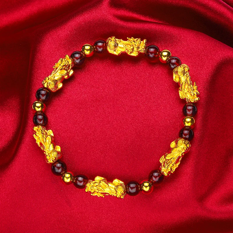 

Women's Style Pixiu Bracelet 9999 24K Real Gold Pixiu Bracelets Women's Wine Red Bracelet Garnet Agate