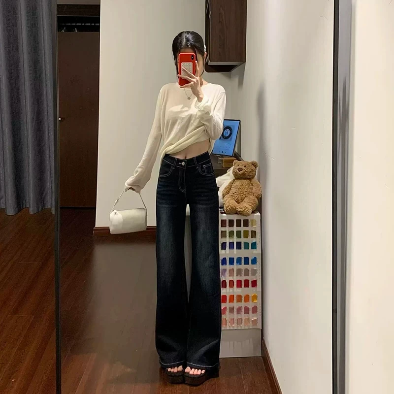 Blue Grey Hot Girl Pocket Butt Lifting Micro Flared Jeans Women's New 2026 Autumn Trendy Bell Bottoms High Waist Zipper Cotto...