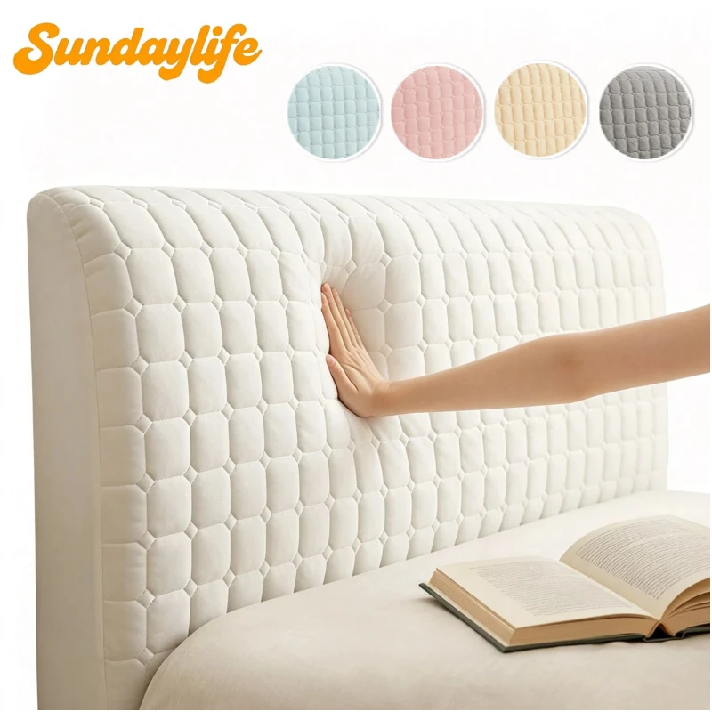 Velvet 3D Grid Bed Headboard Cover Elastic Removable Bed Dustproof Protector Slipcover Anti Collision Upholstered Bedroom Decor