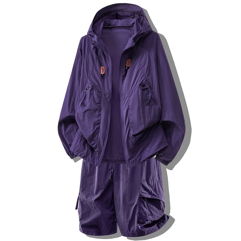 

Мужской комплект для защиты от солнца 2026: куртка-ветровка с капюшоном и шорты карго UPF50+, легкий, быстросохнущий, для активного отдыха и походов