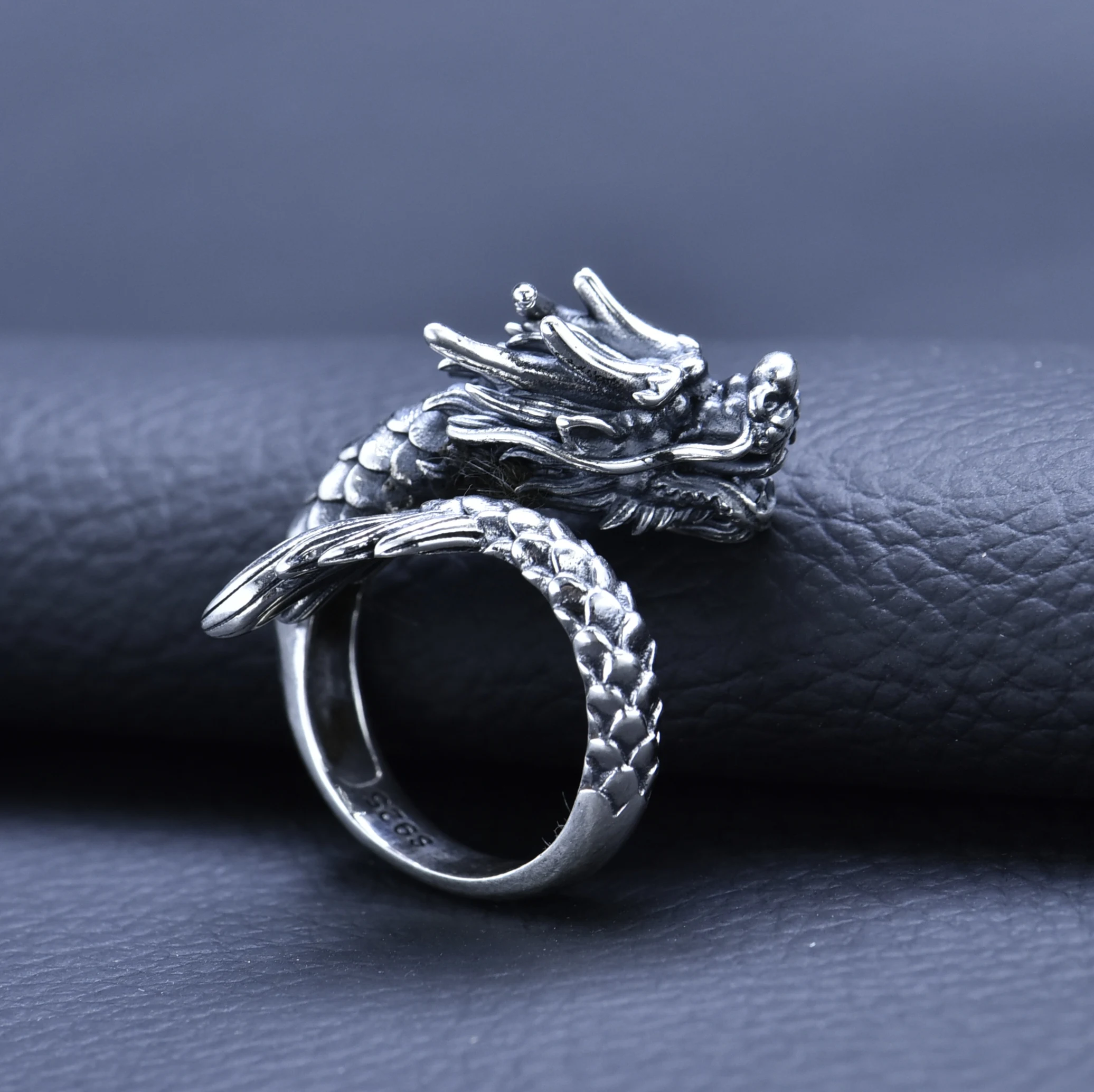 S925 sterling silver dragon ring men's trendy power style personalized faucet zodiac Dragon retro opening index finger ring