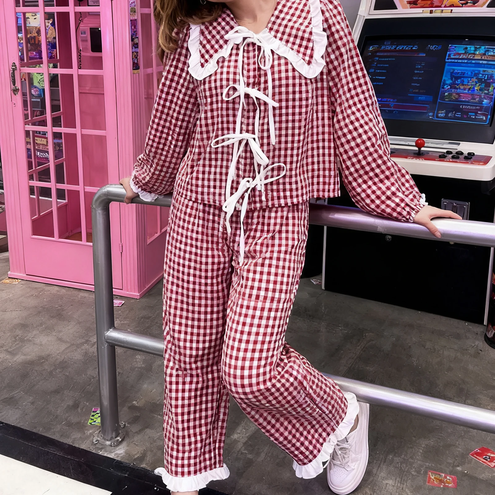 

Новые женские комплекты из двух предметов в клетку с длинным рукавом и кукольным воротником с завязкой спереди, топы с широкими штанинами, горячая распродажа, S, M, L