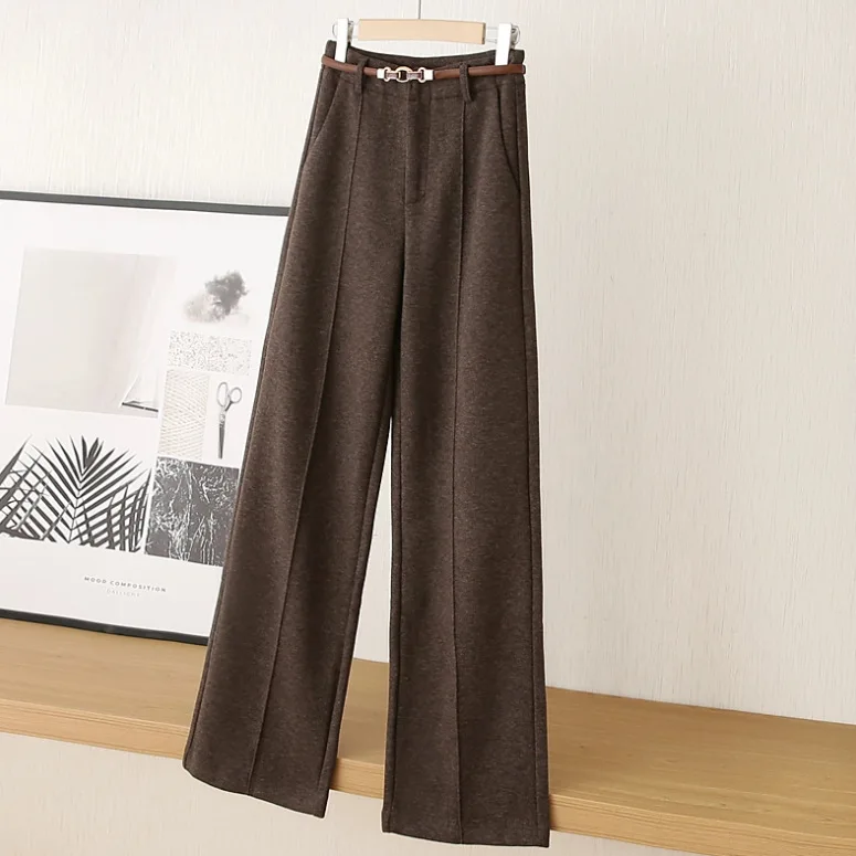 レディースストレートレッグウールパンツ - 厚手の暖かい冬用パンツ、オフィスやカジュアルに最適なテーラードワイドレッグドレスパンツ