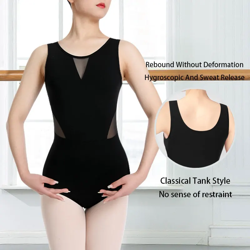 Women\'s Black Leotard for Dance Camisole,Waist and Chest Panel Mesh,Front Breast Lining Ballet Clothes