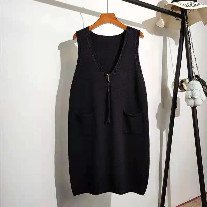 Mid to long knitted vest dress women in autumn and winter Korean version zipper pocket sleeveless camisole sweater vest dress