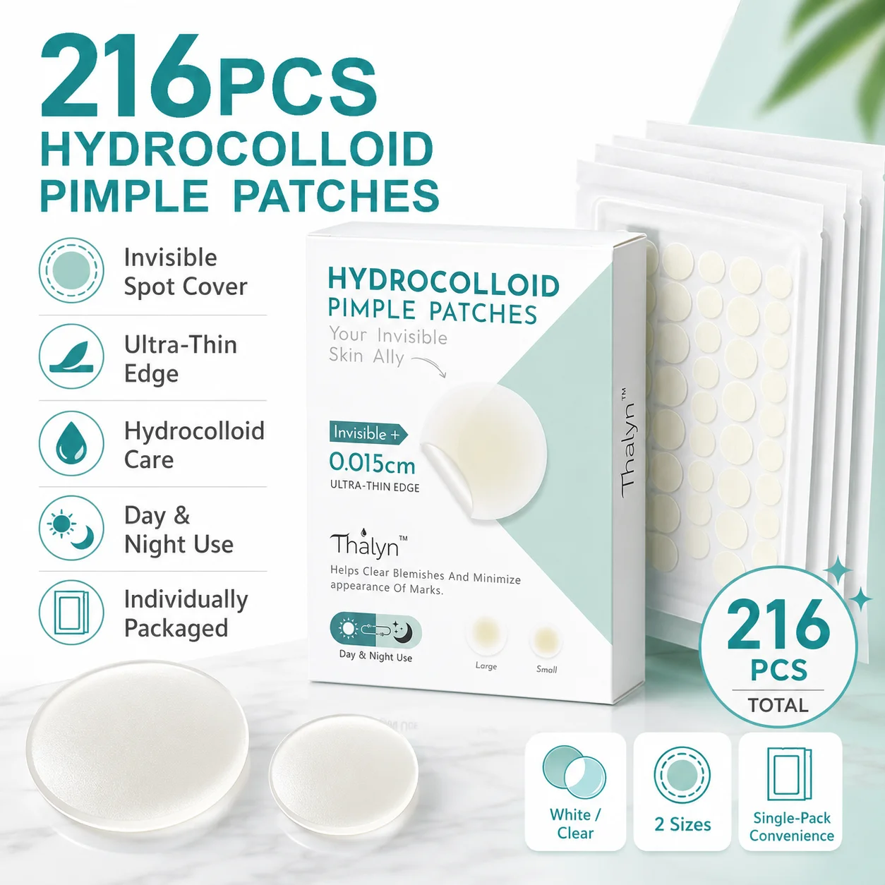 

216PCS Salicylic Acid Hydrocolloid Acne Patches White Pimple Stickers Individually Wrapped Blemish Cover