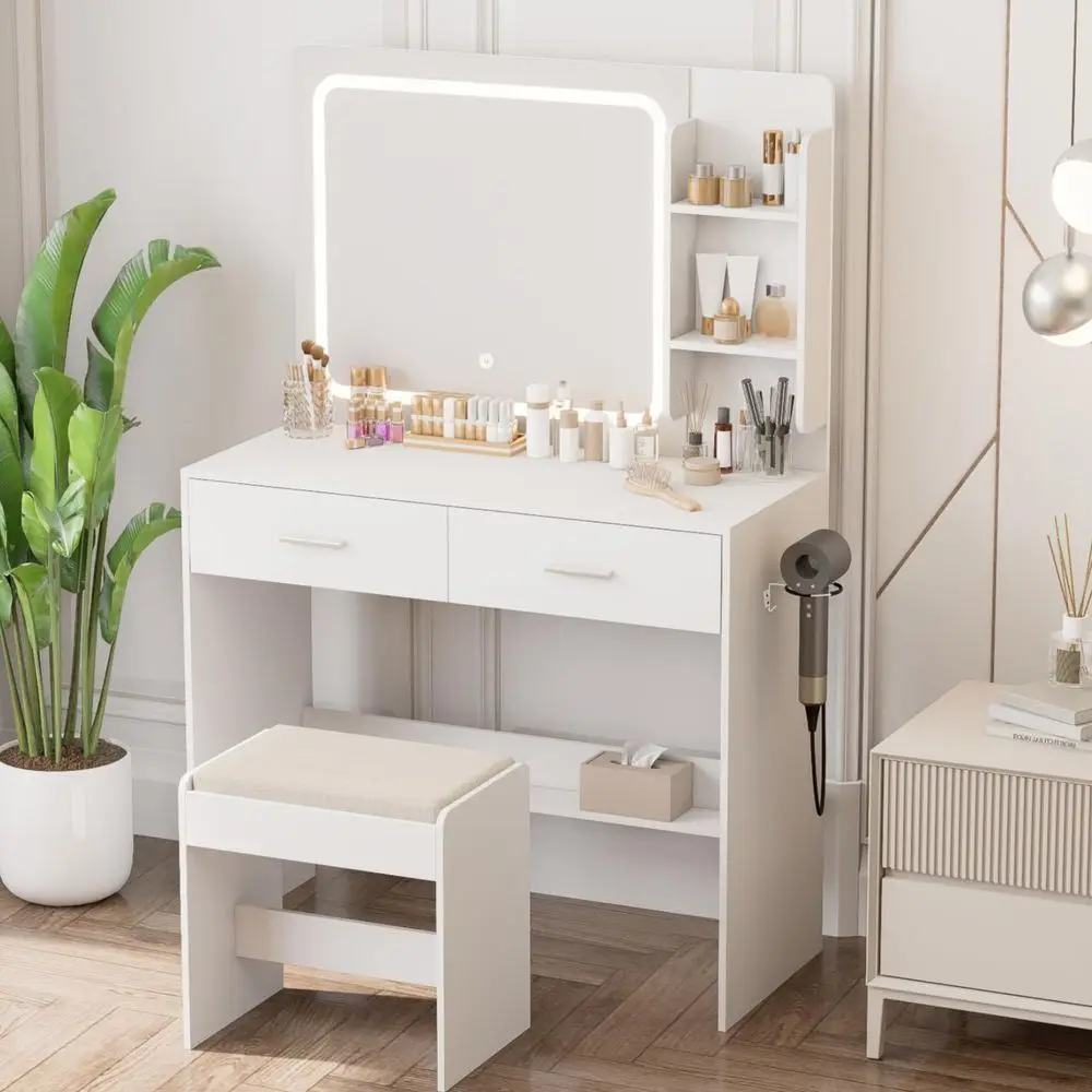 Vanity Desk with Lighted Mirror and Charging Station, White Vanity Table Set with Stool, 2 Drawers, 2 Shelves and Bottom Storag