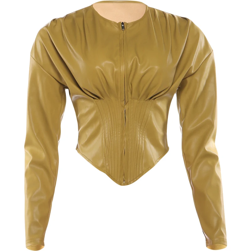 Weird Puss Wild Jacke Damen Langarm Unregelmäßige Taillenbetonung Frühling Reißverschluss Luxus PU Crop Streetwear Bürodamen Klassischer Mantel – Detail 2