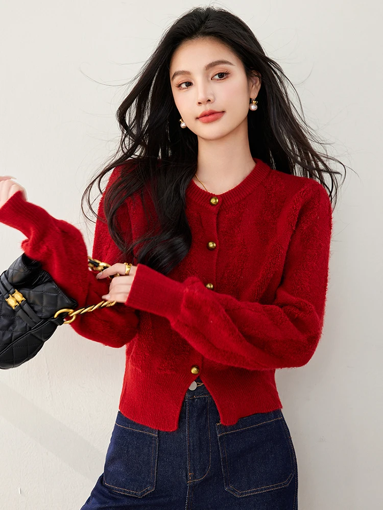 2024 Autumn Women\'s Red Sweater Retro Loose Long Sleeve Knitted Cardigan Fashion Single Breasted Female Sweater Top