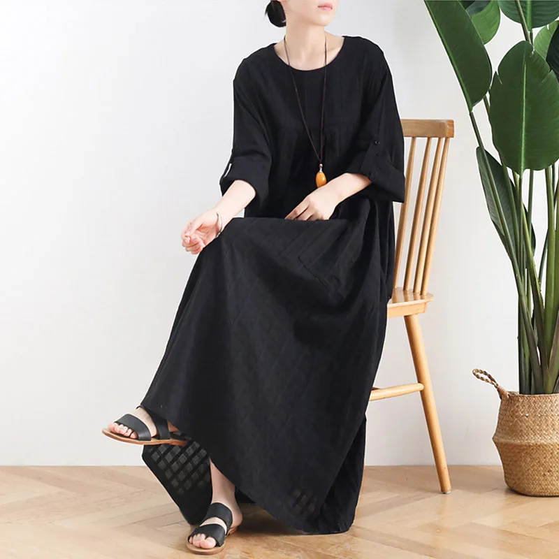 

Длинное платье трапециевидной формы с рисунком из хлопка и льна Dr с цветными узорами 3/4 Sve, круглая женская одежда больших размеров