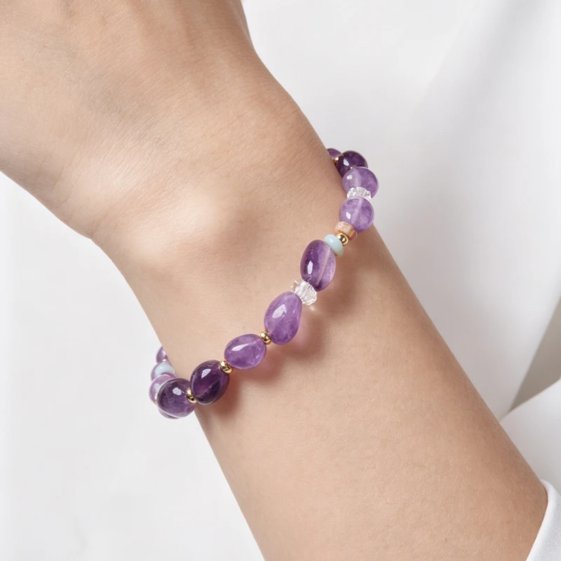 

22pcs/pack Irregular Natural Amethyst/Shoushan Stone Beaded Bracelet for Women Handmade Single Strand Crystal Bangle Jewelry