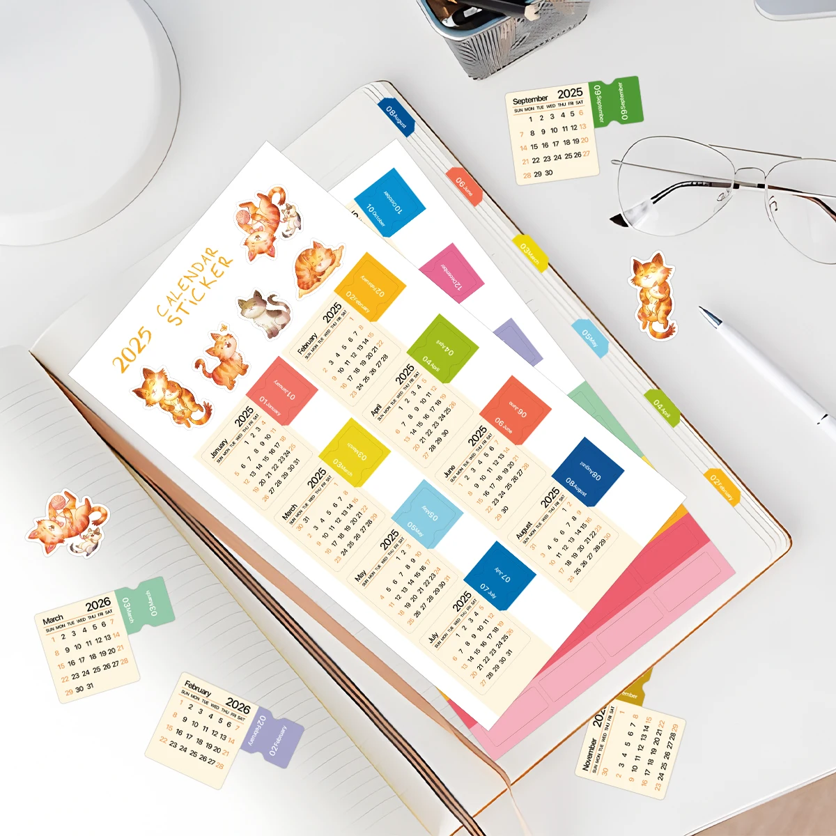 2025 Mini Calendar Stickers with Cute Cat Design,2 Sheets Monthly Index Tabs Planner Adhesive Divider for Your Planner and Diary