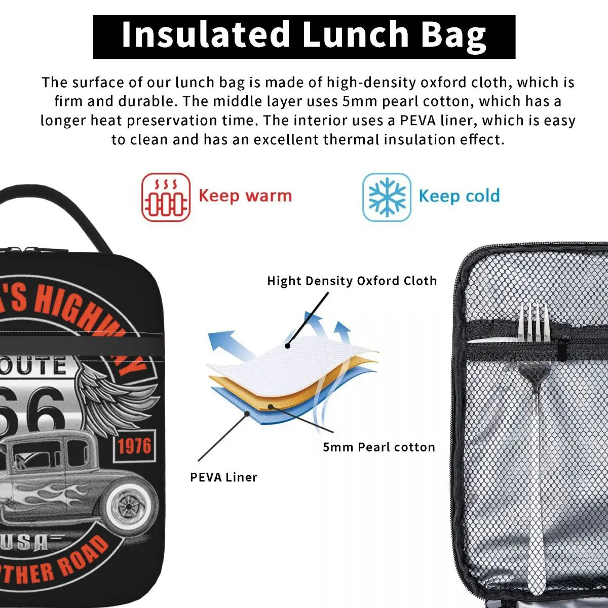 Route 66 Portable Lunch Boxes for Women Leakproof America Highway Mother Road Thermal Cooler Food Insulated Lunch Bag Office