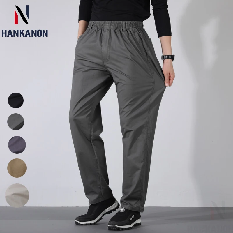 100% Cotton Men's Solid Color Outdoor Casual Pants, with Elastic Waist and Loose Straight Leg Design.2024 High Quality L-5XL