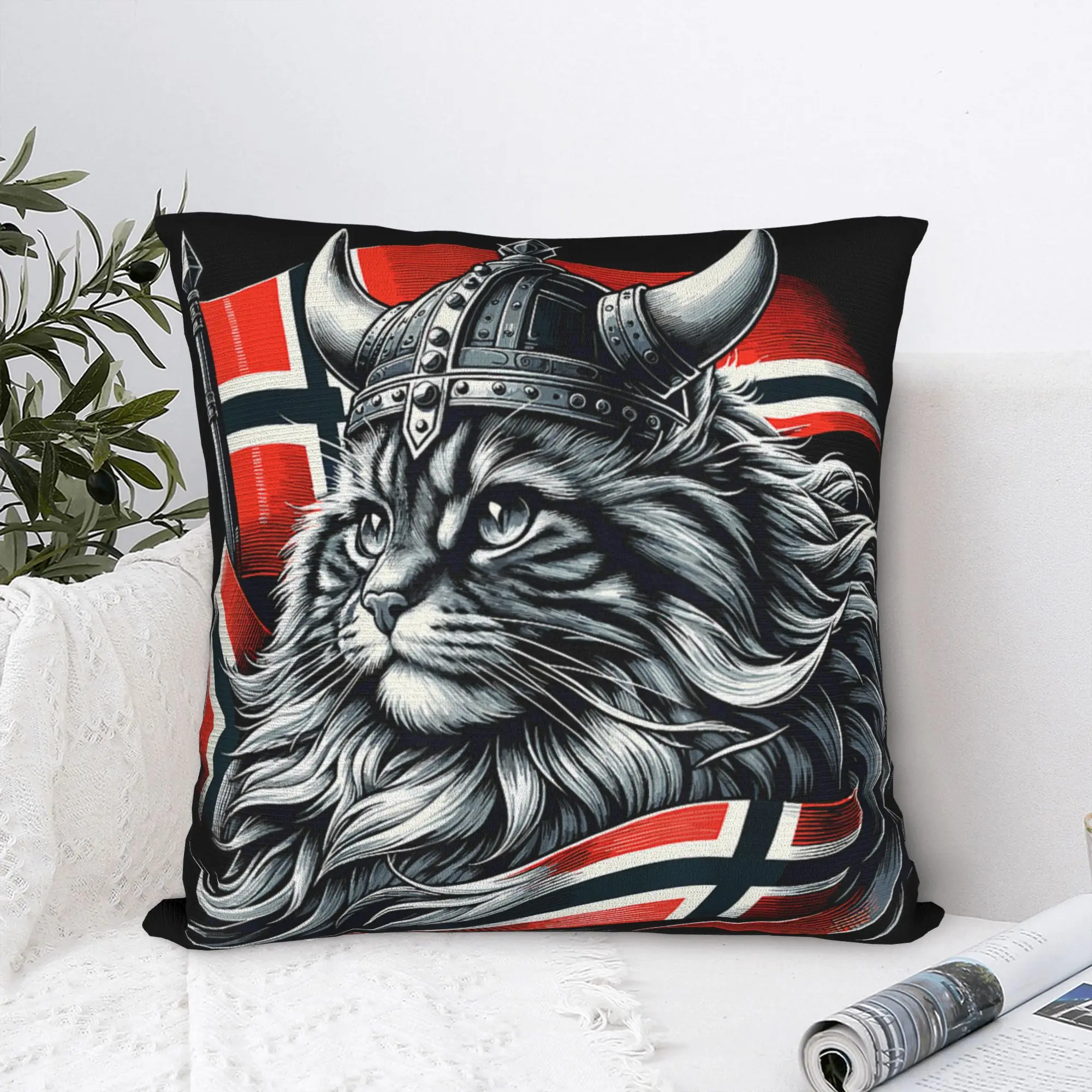 Norwegian Cat Vikinges Norway Flag Pillowcases  Kawaii Pillow Case For Chair Sofa Home Decor Square Pillow Cover