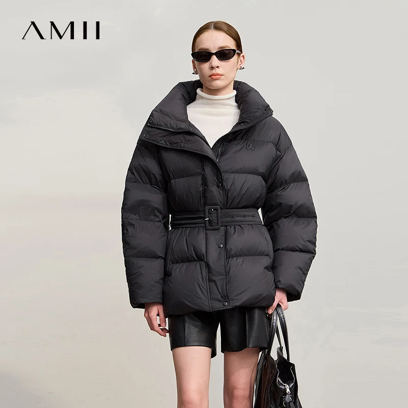 Amii donsjassen 2025, winter nieuwe losse rits coltrui met lange mouwen donsjack voor dames effen kleur veelzijdige jas 12524052