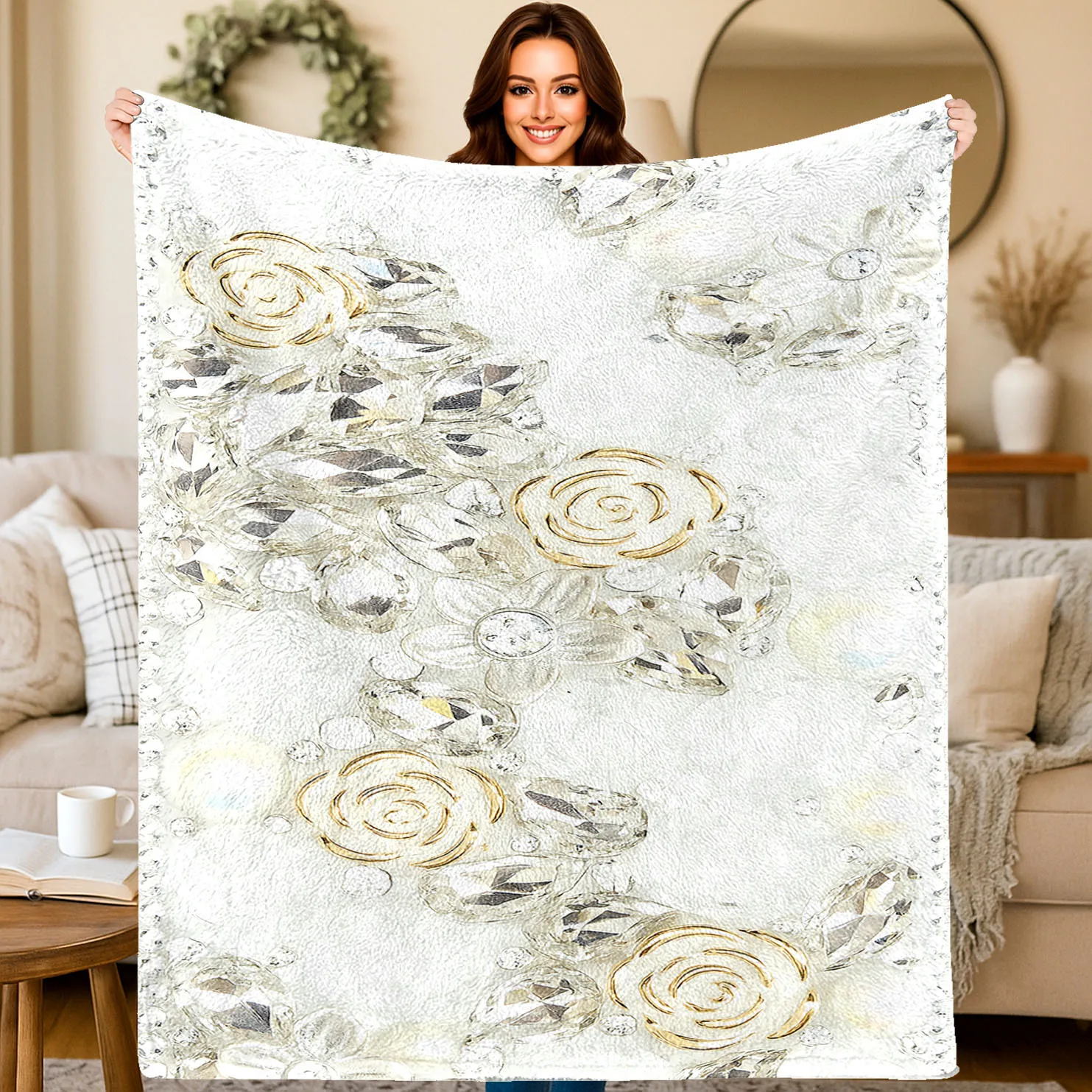 Chic Shimmering Jewel Pattern Large Lightweight Blanket Perfect For Adult Girly Room And Glamorous Warmth Accent Accessory