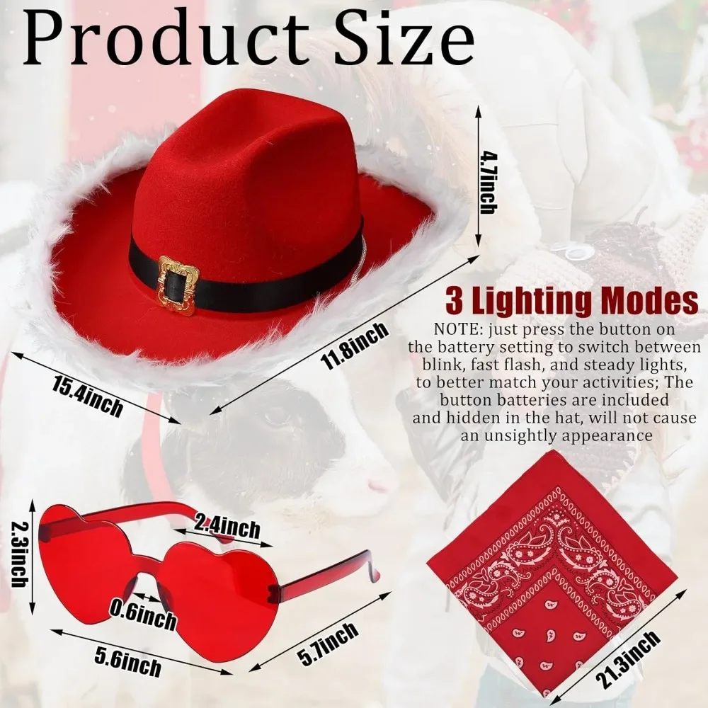 36 Pcs Light Up Santa Claus Cowboy Cowgirl Hats Set - Christmas LED Vintage Paisley Hats