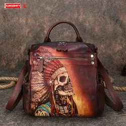 Luxury Fashion Leather Women Backpack Female Schoolbag Travel Backpack Skull Bag New Hand-painted Original Indian Chief Backpack