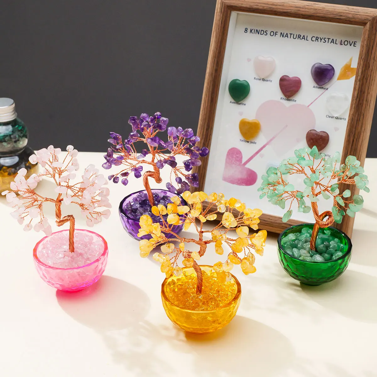 1 قطعة شجرة كريستال طبيعية حجر الطاقة وشجرة المال الكريستال الأسلاك النحاسية ملفوفة أواني الزهور الملونة أشجار اليوغا فنغ شوي