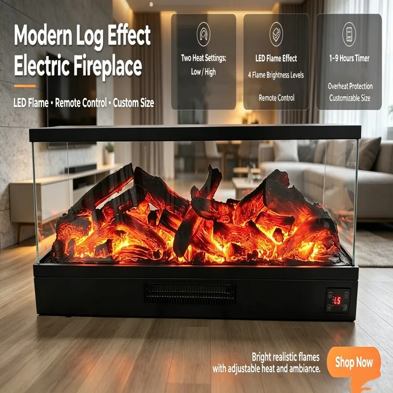 4 Sides Glass Viewing Freestanding Electric Fireplace Remote Control Contemporary Design 1 Year Warranty Indoor Use Hotels Black