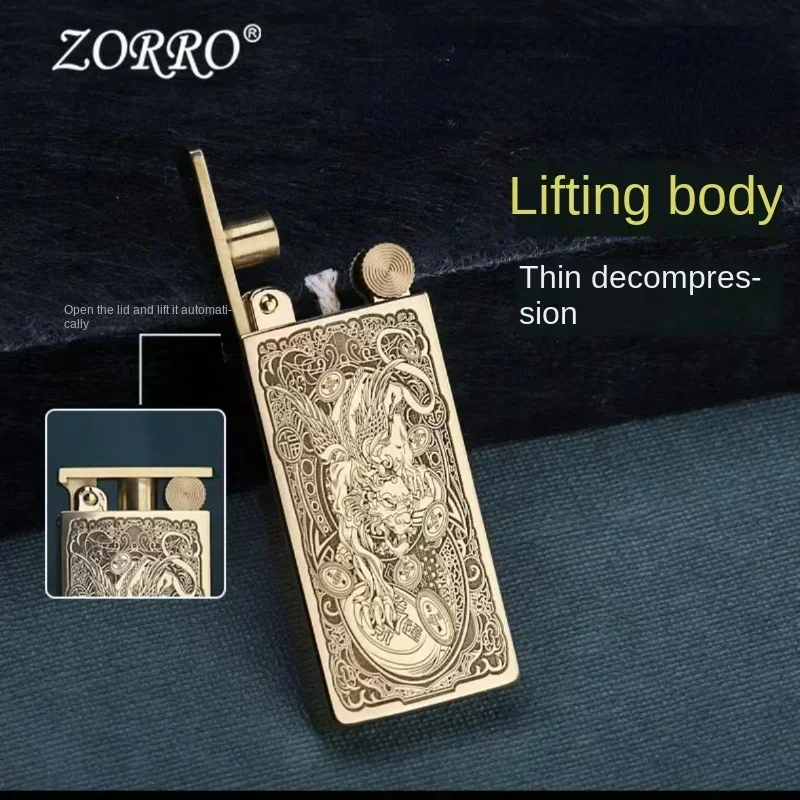 ZORRO Pure Copper Mechanical Lifting Body Lighter Creative Personality Brass Kerosene Cigarette Lighter High-end Smoking Gadgets