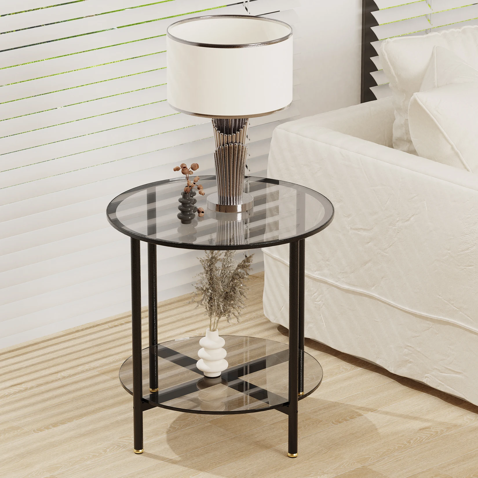 20” Round Coffee Table with Storage 2-Tier, Accent Table,Cocktail Table with Tempered Glass Top