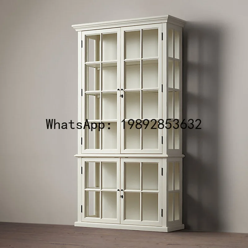 CZ American Country Style Solid Wood Bookshelf French Retro Wine Cabinet Small Apartment Glass Door Storage Cabinet view 3